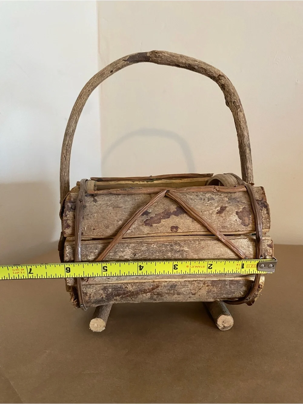 Rustic Natural Wood Handle Barrel Basket Brown with nails, vine wrapped decor